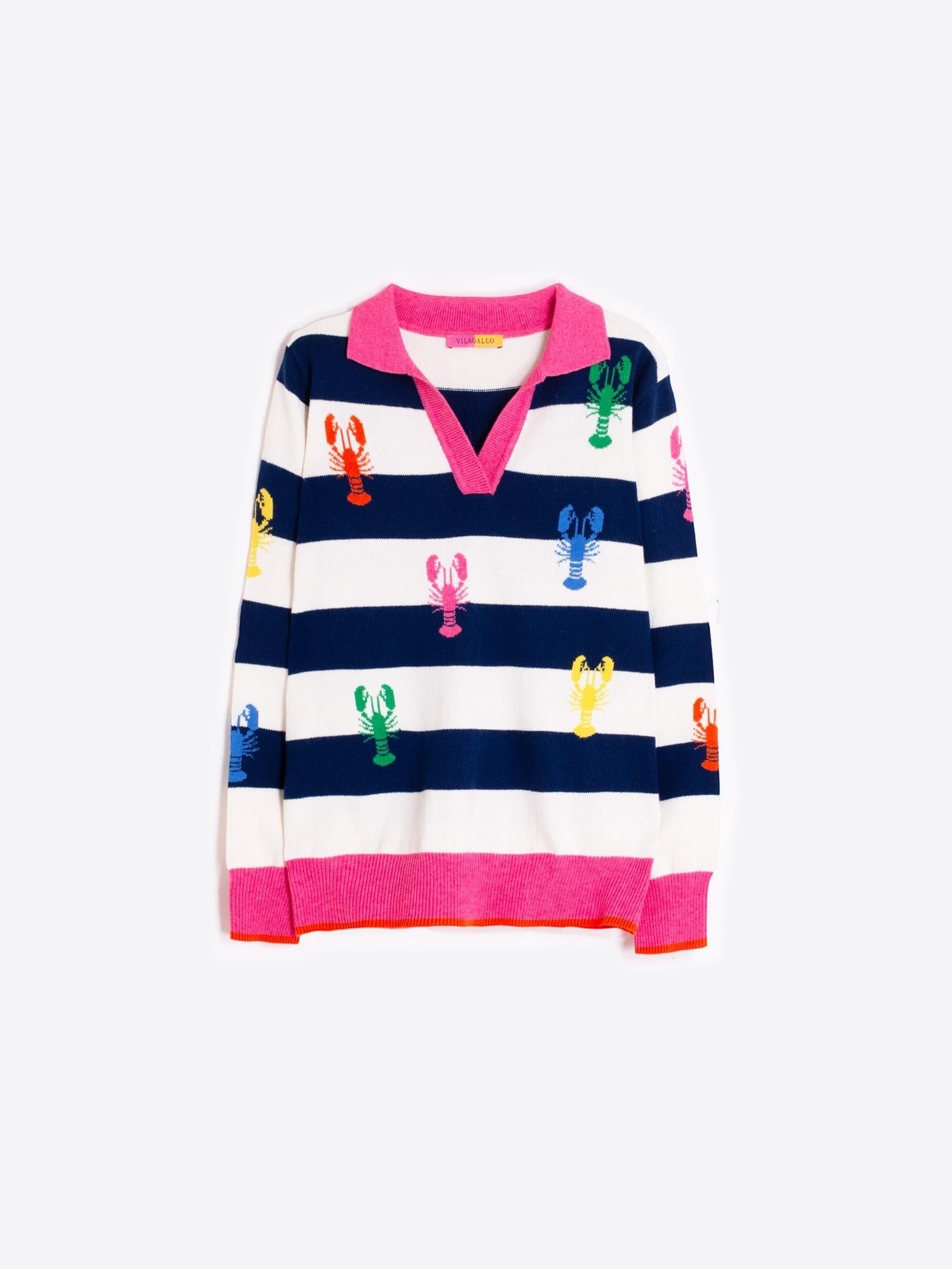 Button Down SF navy and ecru striped cotton-viscose knit polo with colorful lobster intarsia and pink collar and cuffs.