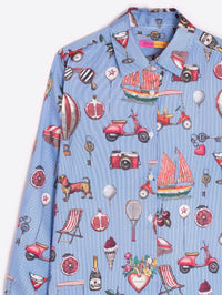 Button Down SF blue and white striped polyester shirt with a vintage print of summer motifs like scooters, sailboats, and fruits.