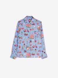 Button Down SF blue polyester shirt with vintage print of summer motifs like sailboats, scooters, and ice cream. Straight cut with classic collar.