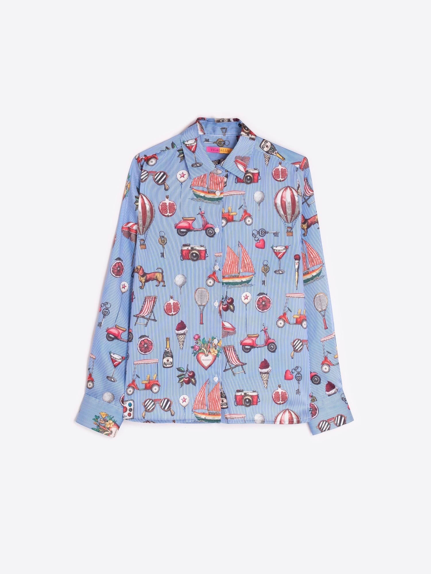 Button Down SF blue polyester shirt with vintage print of summer motifs like sailboats, scooters, and ice cream. Straight cut with classic collar.