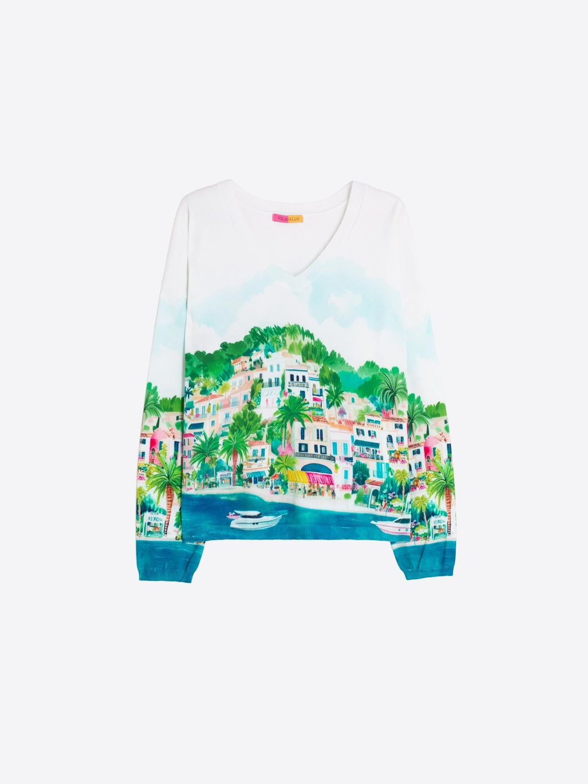 Button Down SF white V-neck sweater with a colourful Puerto Banus village print, 90% cotton, 10% nylon.
