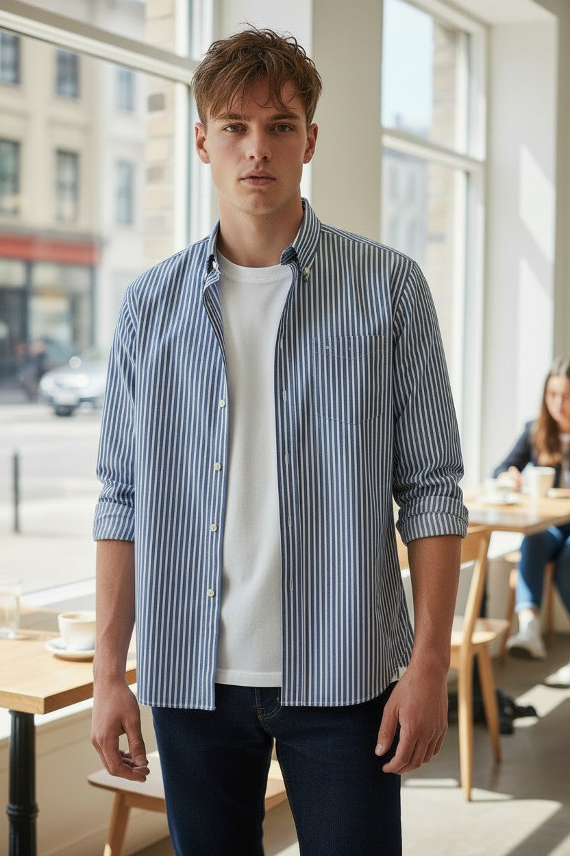 GIANGI NAPOLI MEN'S SHIRT - CHAMBRAY PANAMA STRIPE