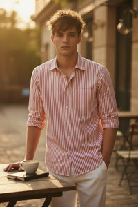 HARTFORD MEN'S CASUAL COTTON SHIRT - RED & WHITE STRIPE