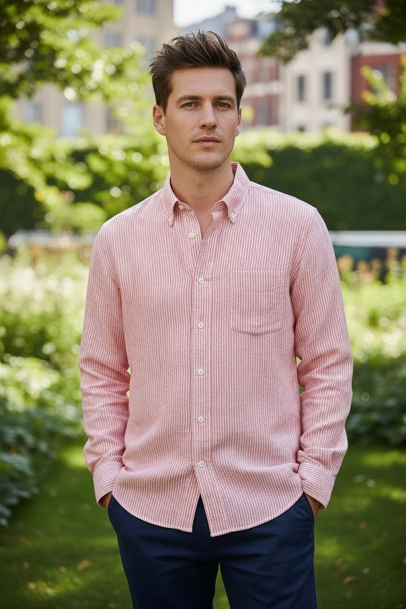 HARTFORD MEN'S CASUAL LINEN SHIRT - PINK & WHITE PINSTRIPE