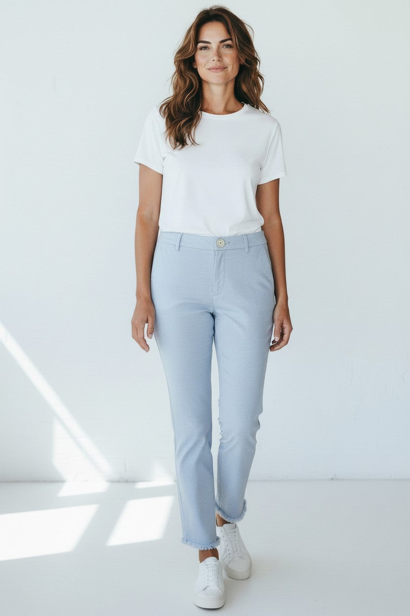 VIA MASINI 80 WOMEN'S FRINGE BOTTOM TROUSER - LIGHT BLUE