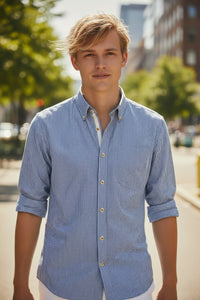 GMF 965 MEN'S COTTON SPORT SHIRT - NAVY MICRO CHECK