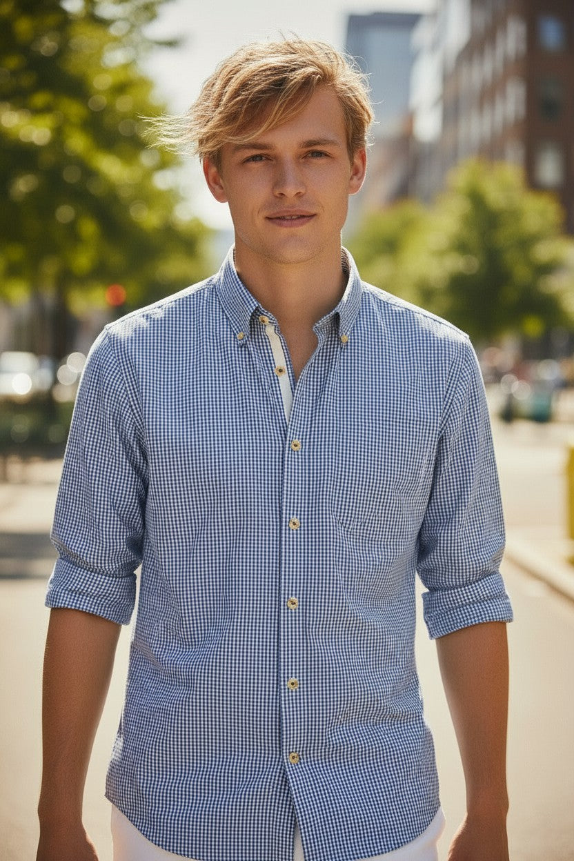 GMF 965 MEN'S COTTON SPORT SHIRT - NAVY MICRO CHECK