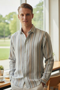 CALDER CARMEL MEN'S SHIRT - LIGHT BLUE/BROWN STRIPE