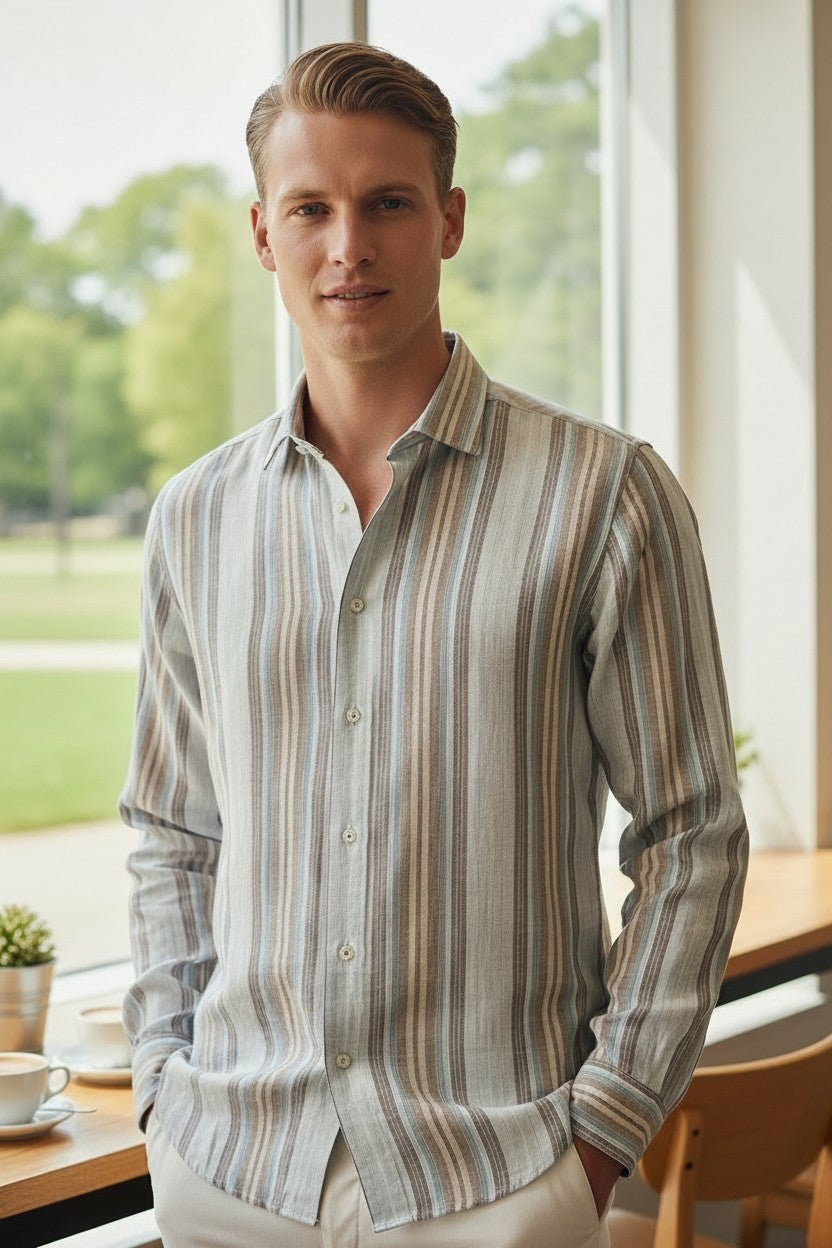 CALDER CARMEL MEN'S SHIRT - LIGHT BLUE/BROWN STRIPE