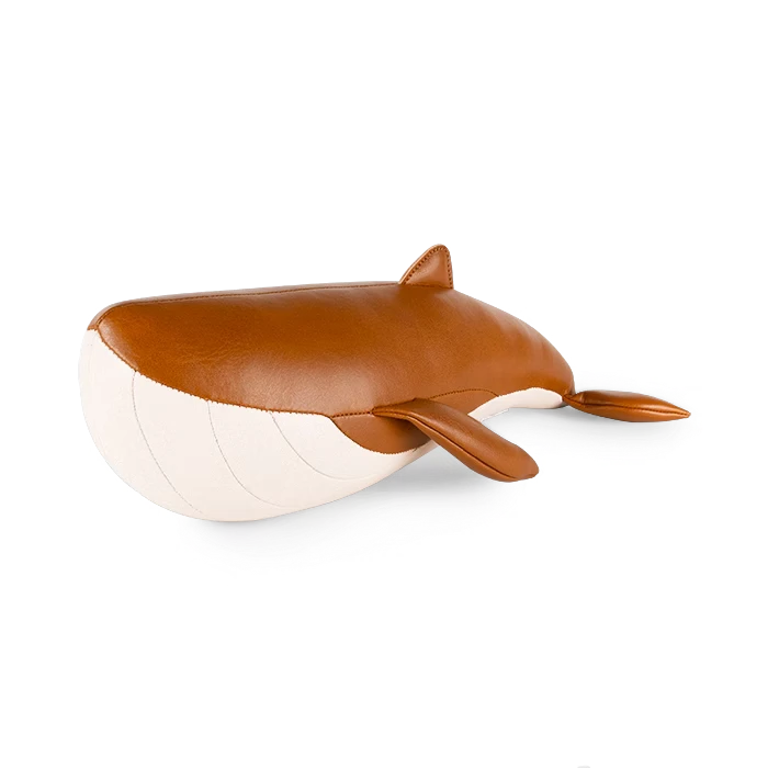 Button Down SF tan and wheat vegan leather whale bookend, Wave design.