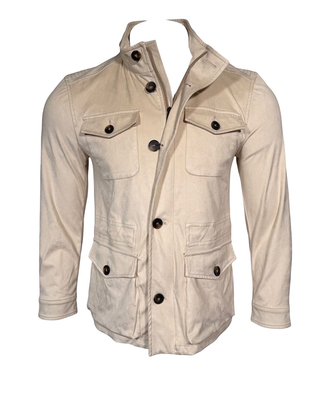 Button Down SF men's stone performance suede field jacket with multiple pockets and button closure. 88% Nylon 12% Elastane.