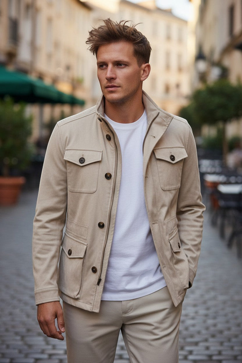 Button Down SF men's stone performance suede field jacket with multiple pockets and zip/button closure.