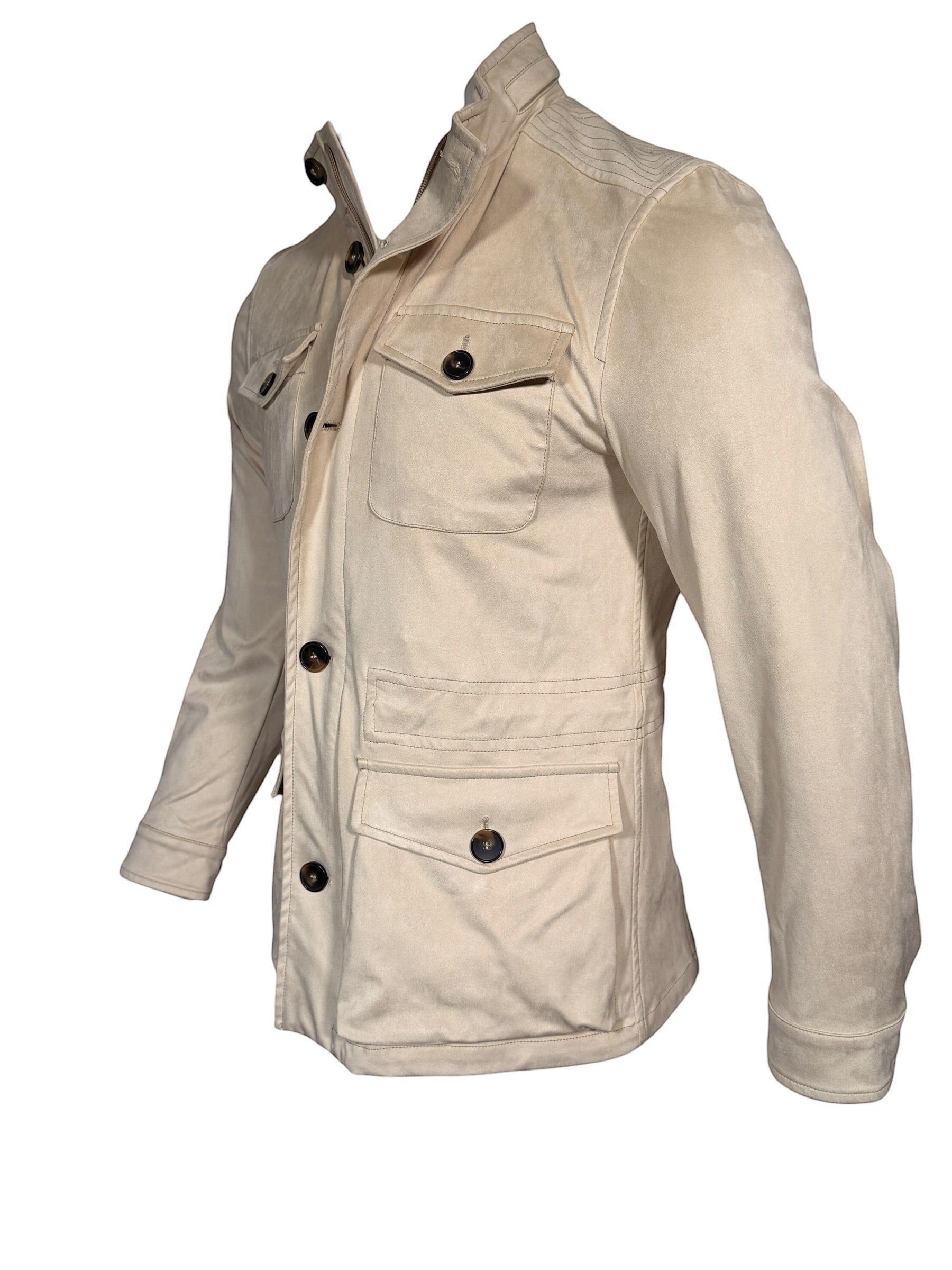 Button Down SF men's stone performance suede field jacket with multiple pockets and button closure. Made in Italy.