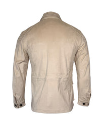 Button Down SF men's stone faux suede field jacket with multiple pockets and button cuffs. Made from 88% Nylon, 12% Elastane.