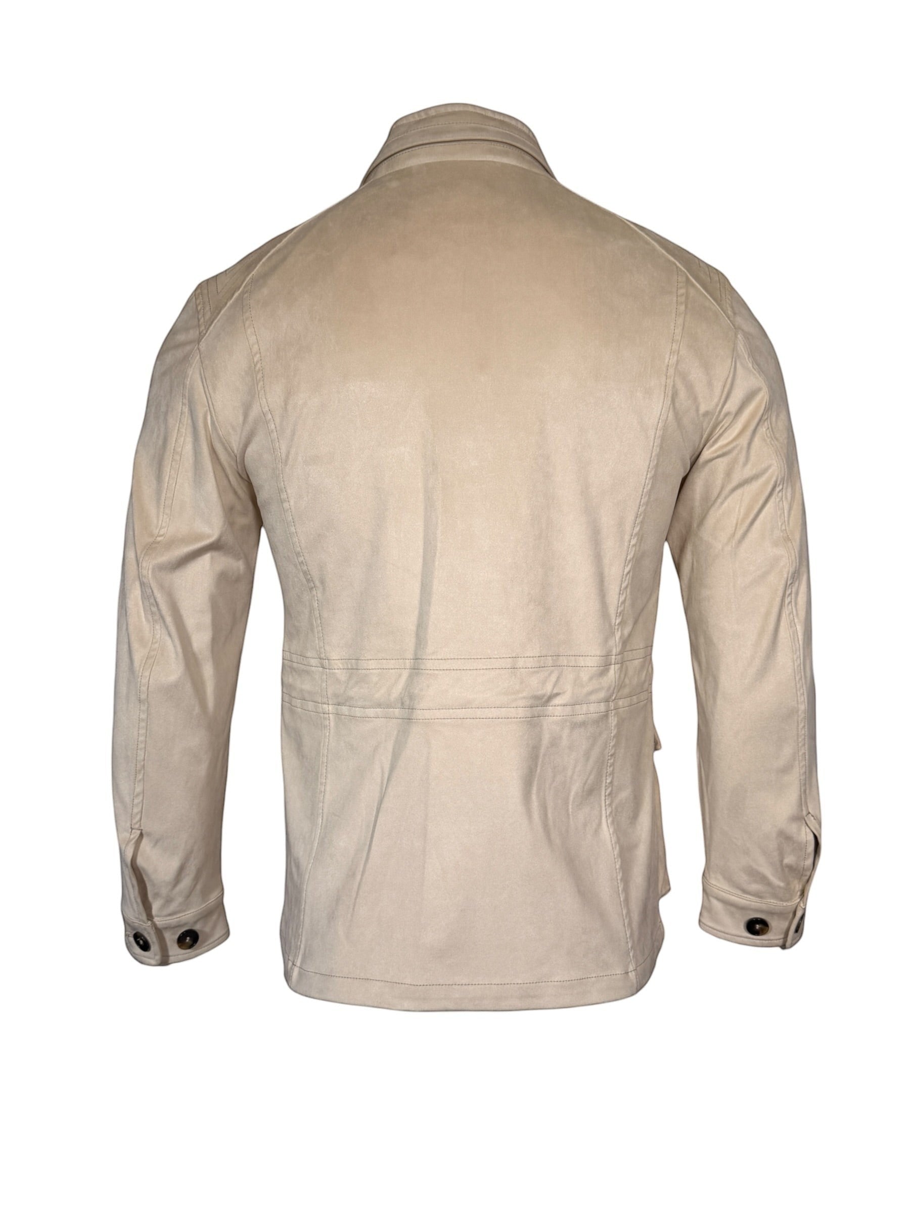 Button Down SF men's stone faux suede field jacket with multiple pockets and button cuffs. Made from 88% Nylon, 12% Elastane.