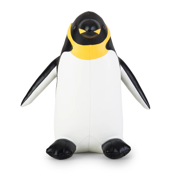 Button Down SF black and white vegan leather penguin bookend with yellow accents.
