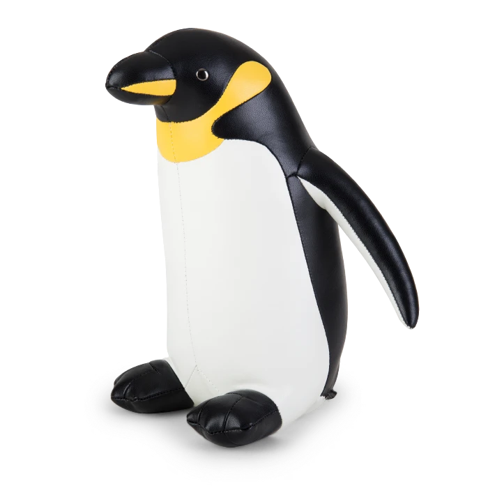 Button Down SF black and white vegan leather penguin bookend with yellow accents.