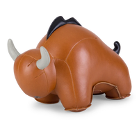 Button Down SF tan vegan leather bull bookend with black mane and grey horns. Decorative home accessory.