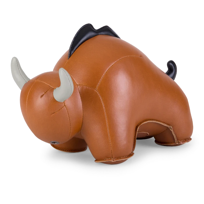 Button Down SF tan vegan leather bull bookend with black mane and grey horns. Decorative home accessory.