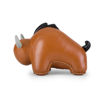 Button Down SF tan bull bookend made of vegan leather with black mane and tail.