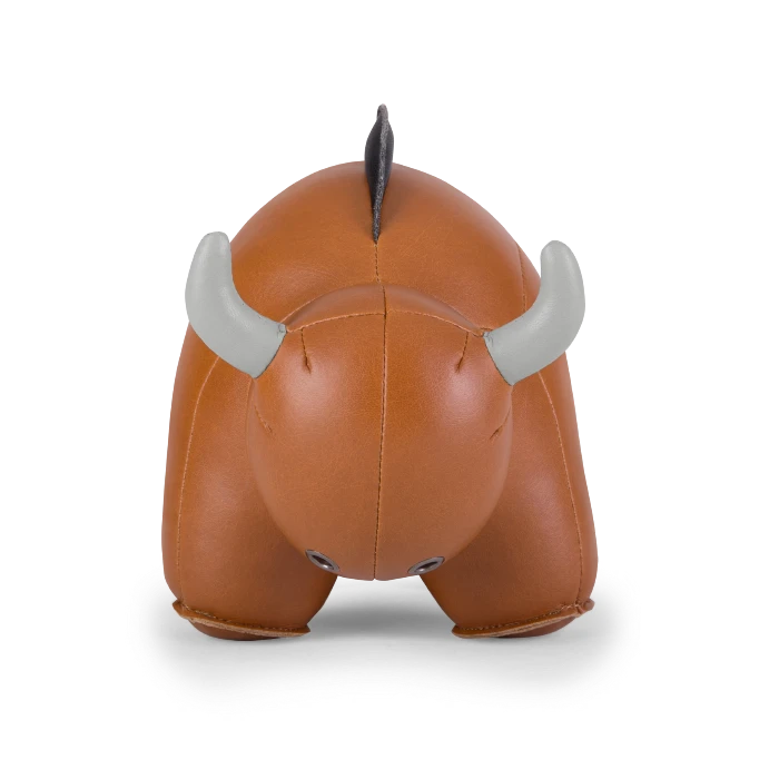 Button Down SF tan bull bookend made of vegan leather with grey horns and a black mane.