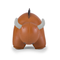 Button Down SF tan bull bookend made of vegan leather with grey horns and a black mane.
