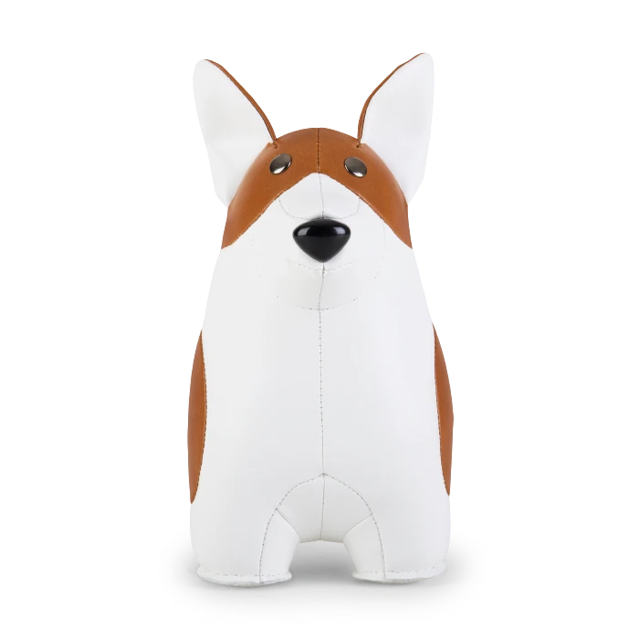 Button Down SF tan and white vegan leather corgi bookend with black nose and ears.
