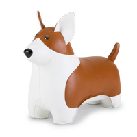 Button Down SF tan and white vegan leather corgi bookend with black nose and metal eye accents.