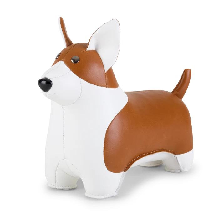 Button Down SF tan and white vegan leather corgi bookend with black nose and metal eye accents.