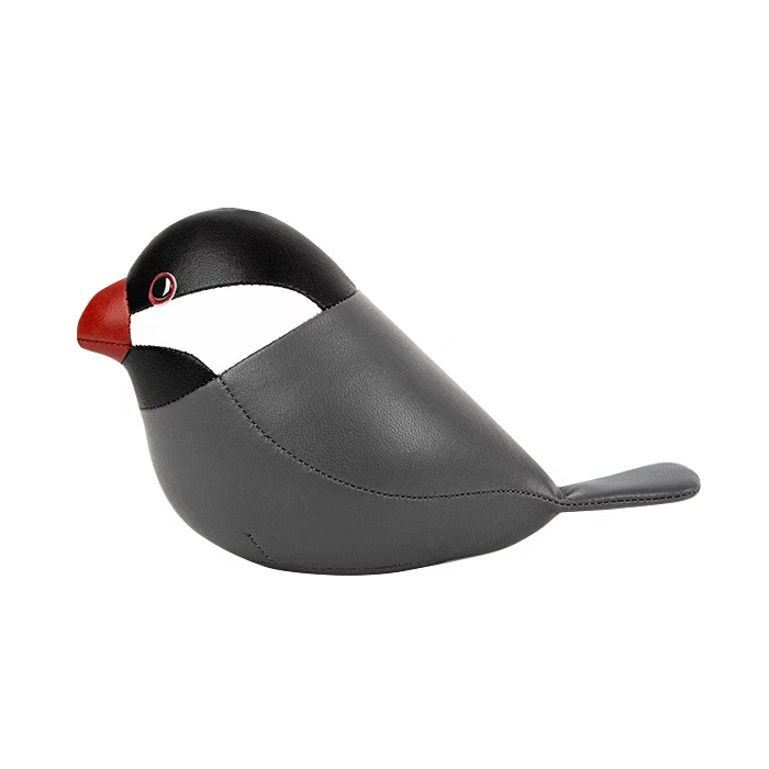 Button Down SF grey and black vegan leather Java Sparrow paperweight with red beak and white eye accent.