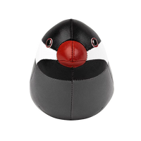 Button Down SF grey and black vegan leather Java Sparrow paperweight with red beak and white stripe.