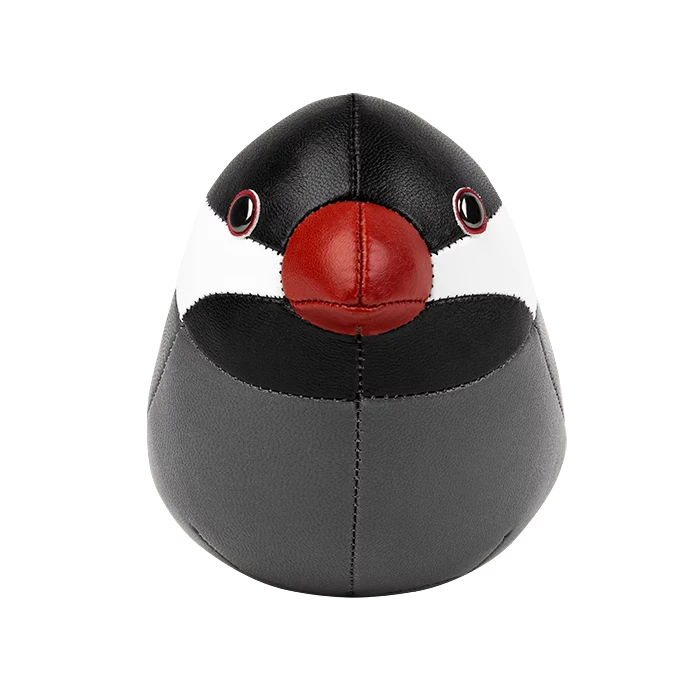 Button Down SF grey and black vegan leather Java Sparrow paperweight with red beak and white stripe.