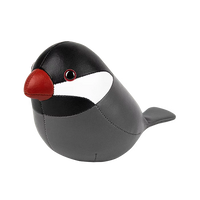 Button Down SF grey and black vegan leather Java Sparrow paperweight with red beak and white cheek patch.