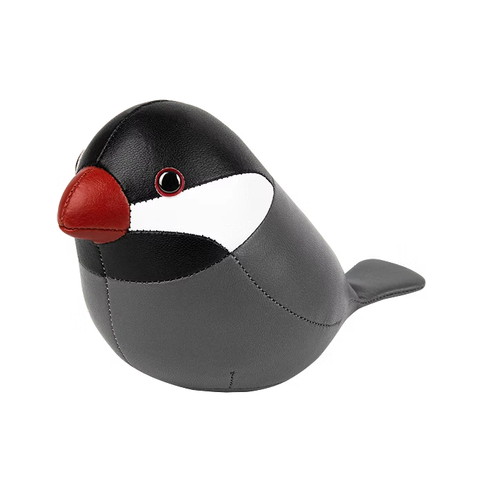 Button Down SF grey and black vegan leather Java Sparrow paperweight with red beak and white cheek patch.