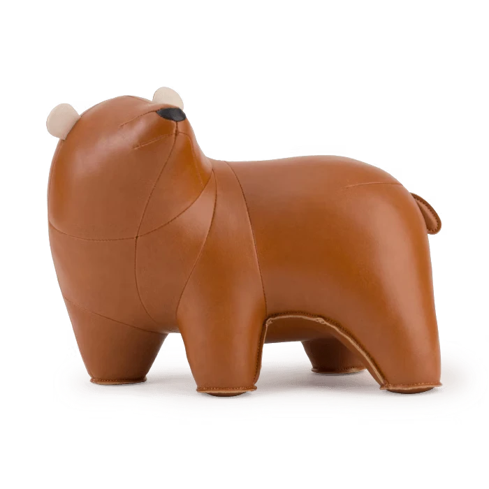 Button Down SF tan bear paperweight made of vegan leather. A cute, stylized animal design for home decor.