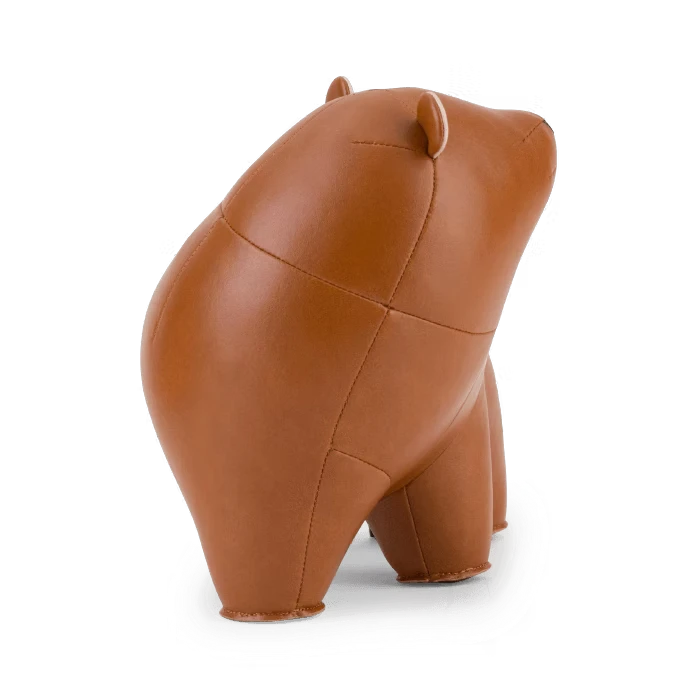 Button Down SF tan bear paperweight made of vegan leather. A cute, stitched animal figurine for home decor.