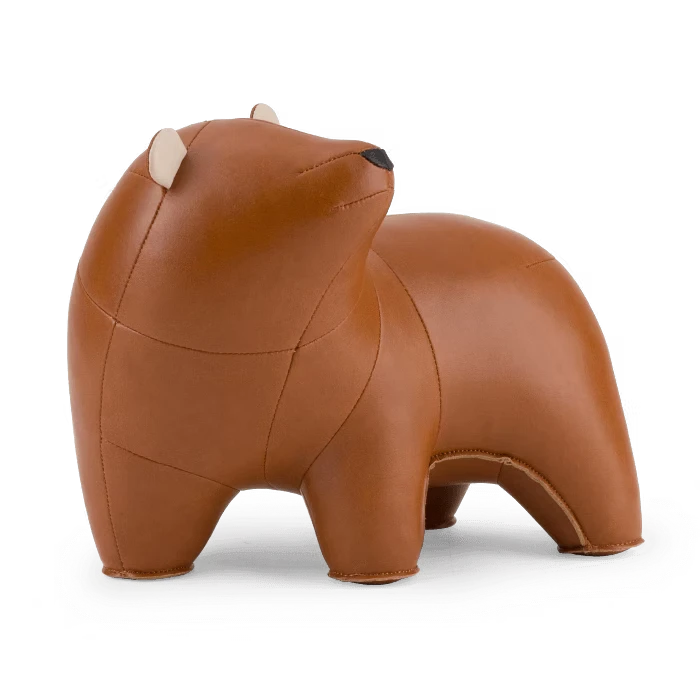 Button Down SF tan bear paperweight made of vegan leather. A charming home decor accent.