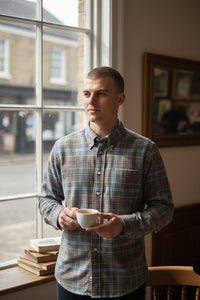 ALAN PAINE CLASSIC FIT SHIRT - OLIVE/LIGHT BLUE PLAID FLANNEL