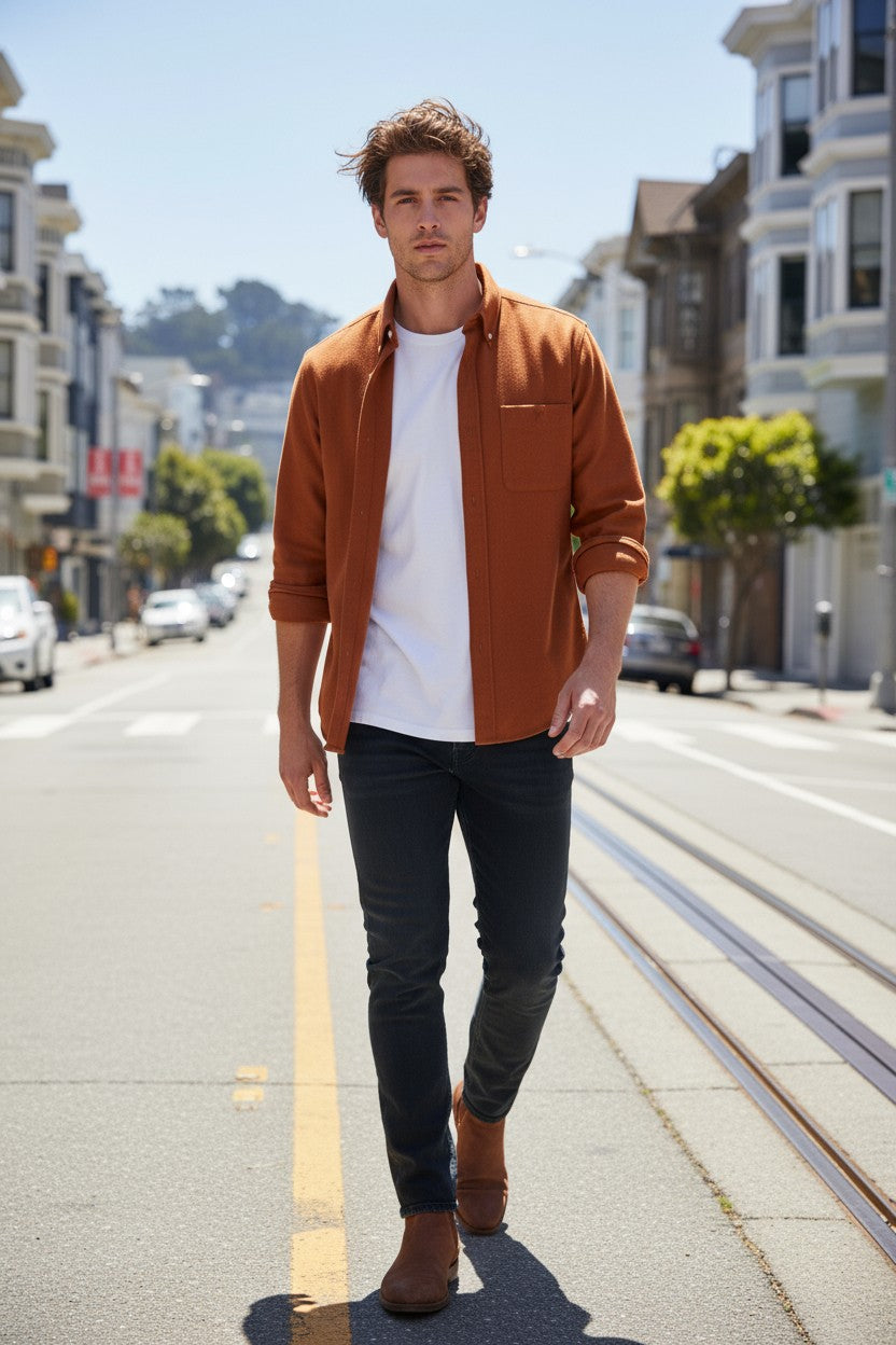 BUTTON DOWN SPORT SHIRT - BRUSHED COTTON/WOOL RUST