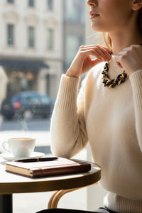Button Down SF black and gold resin and brass link necklace, adjustable 21-23 inches