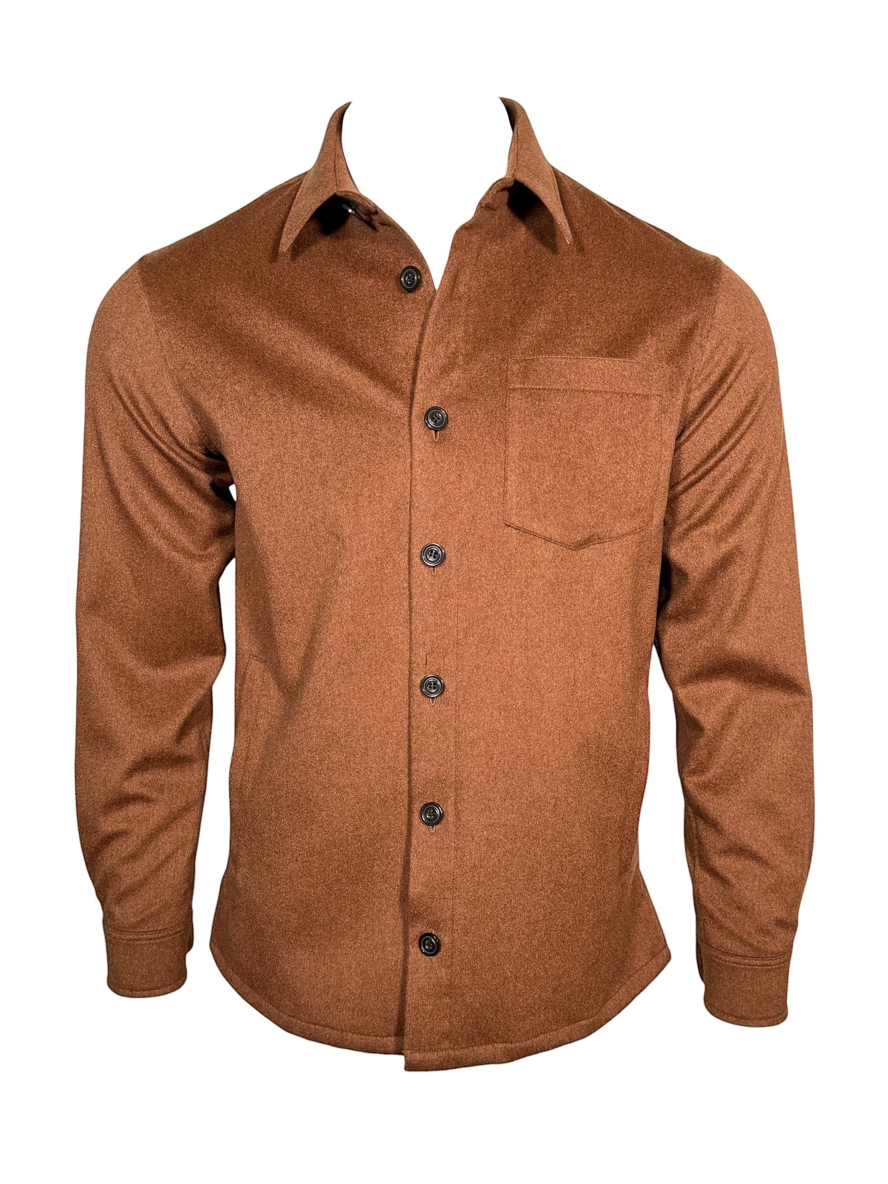 Button Down SF brown cashmere overshirt jacket with chest pocket and button closure. Storm System technology.