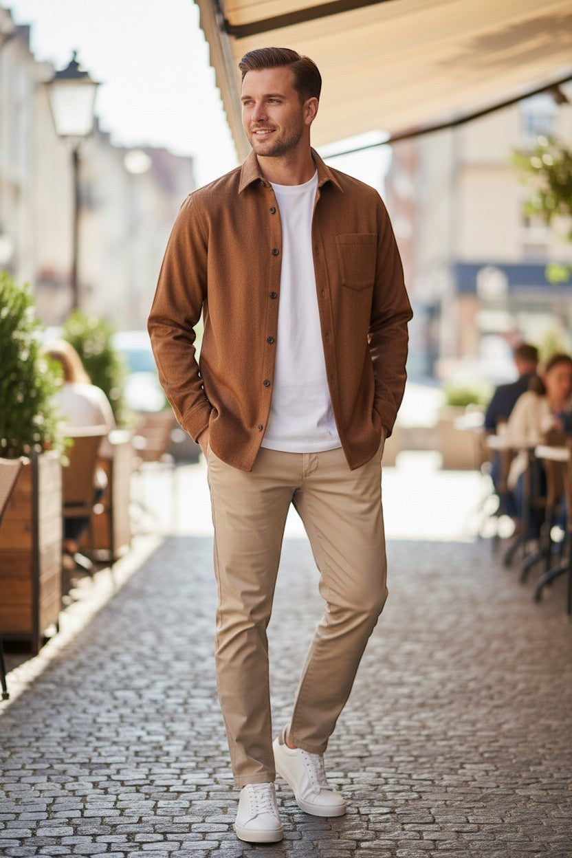 Button Down SF men's brown 100% cashmere overshirt jacket with a chest pocket, worn over a white t-shirt.