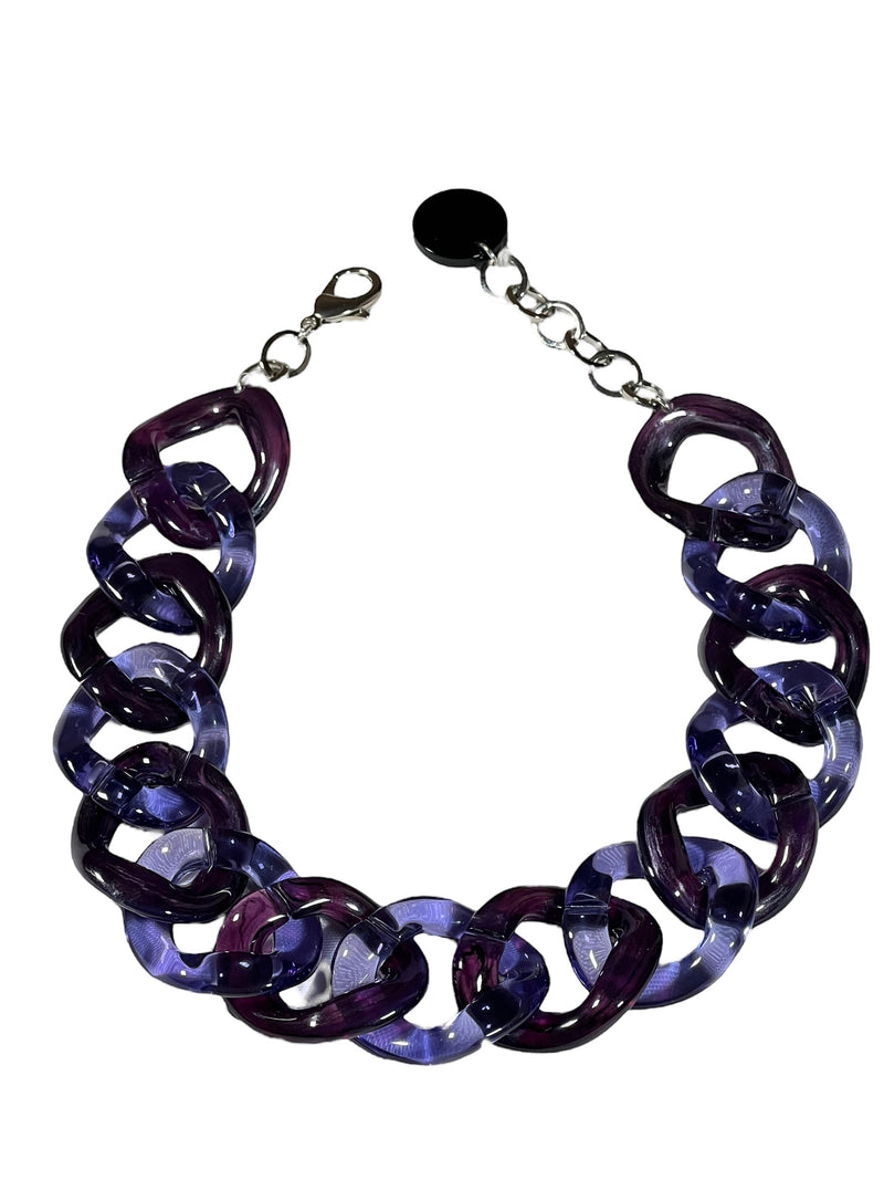 Button Down SF chunky resin link necklace in deep purple with silver clasp. Made in Paris.