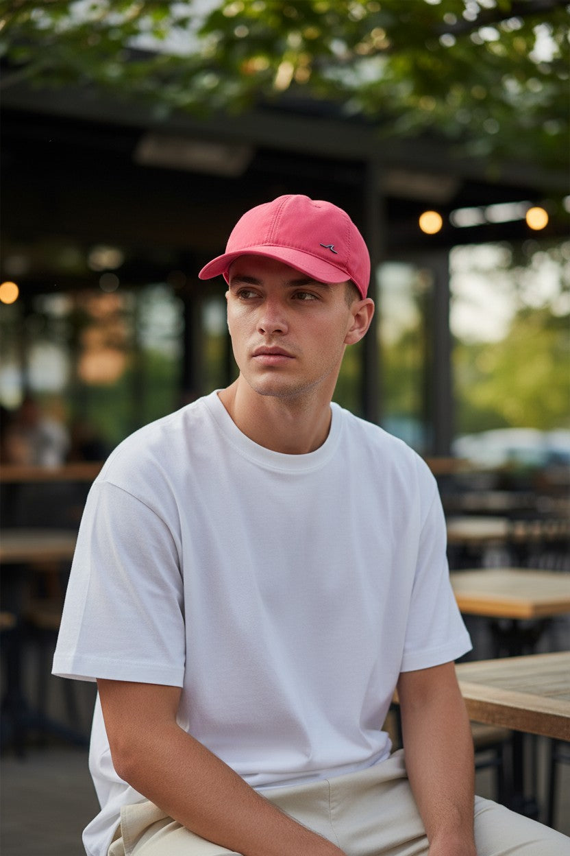 Button Down SF coral polyester baseball cap with shark fin logo detail.