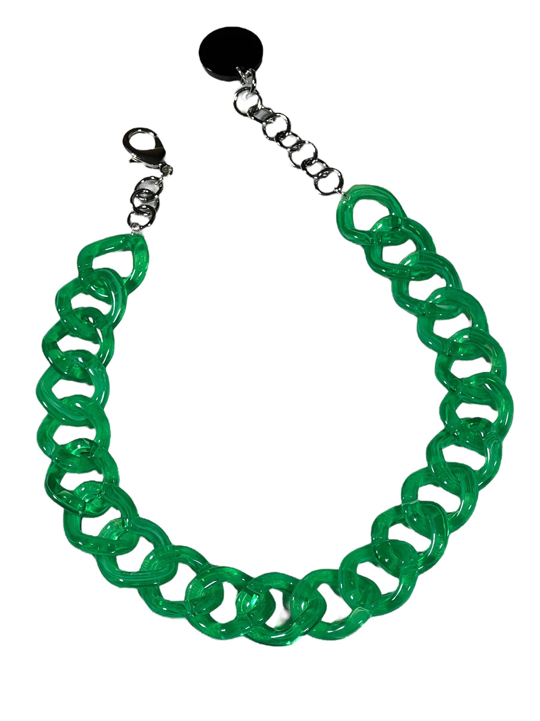 Button Down SF emerald green chunky resin link necklace with adjustable silver-tone chain and clasp.