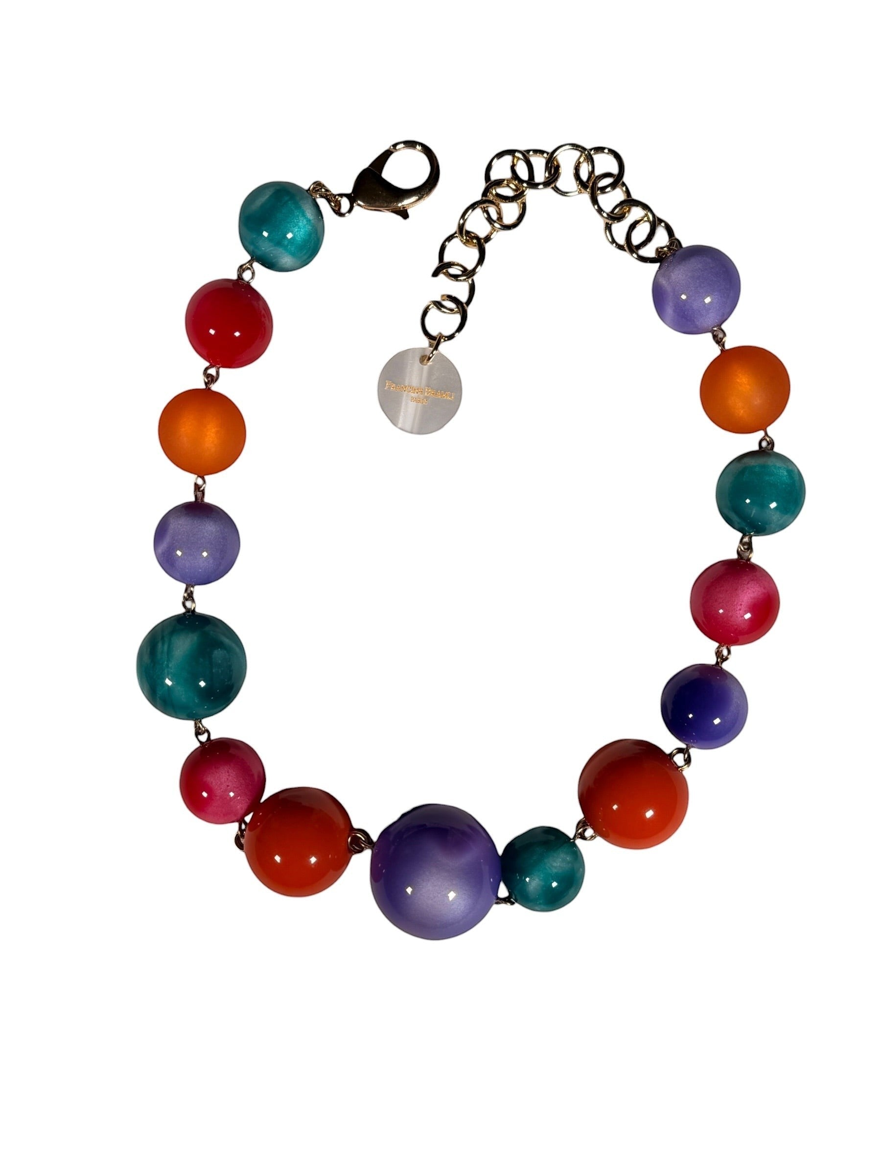 Button Down SF FRANCINE BRAMLI PARIS multicolor resin beaded statement necklace with gold-tone chain.