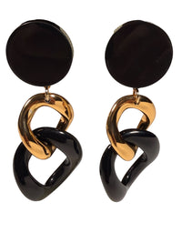 Button Down SF interlocking chain drop earrings in gold-tone metal and black resin. Features circular studs and cascading chains.
