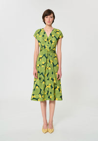 Button Down SF green and yellow botanical print cotton midi dress with V-neck, short sleeves, and tie waist.
