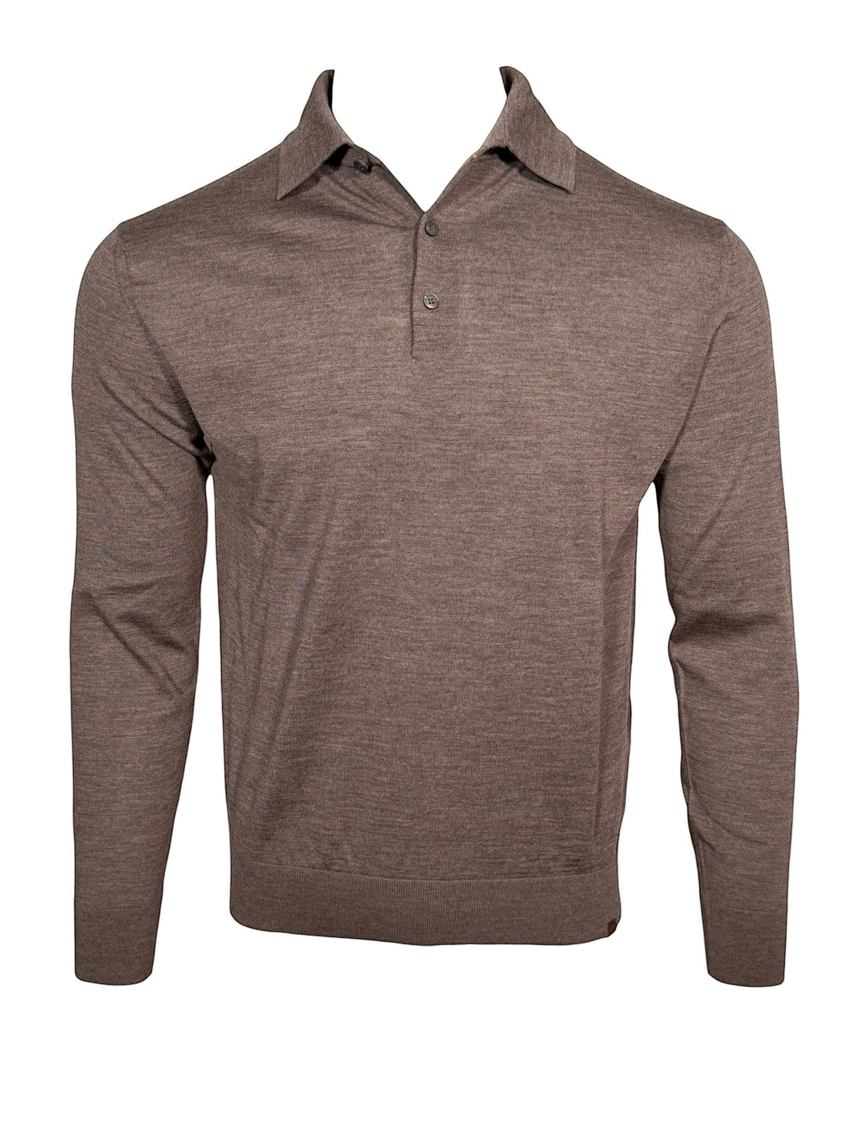 Button Down SF superfine merino wool long sleeve polo in coffee quartz. Classic collar, two-button placket.