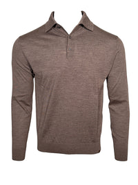 Button Down SF superfine merino wool long sleeve polo in coffee quartz. Classic collar, two-button placket.